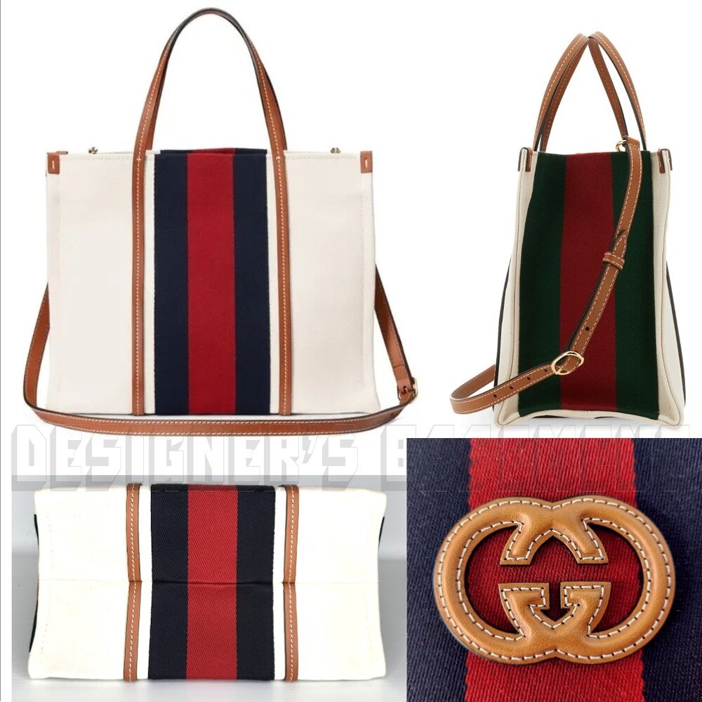 GUCCI white Canvas w/ cognac Leather Interlocking G WEB Medium Shopping Tote Bag - Picture 4 of 12